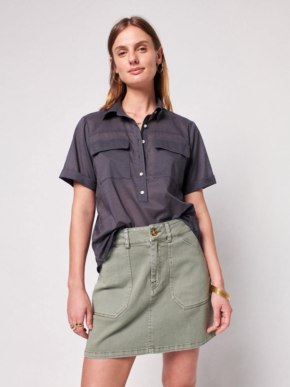 Faherty Uptown Womens XS Charcoal Gray Organic Cotton Button Shirt Pockets